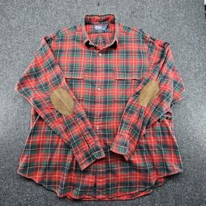 Polo Ralph Lauren Faux Suede Elbow Patch Shirt Mens XL Red Green Tartan Plaid